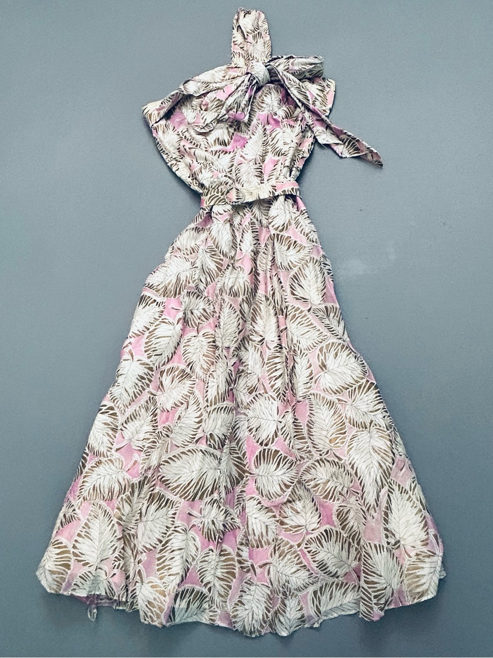 True Vintage 1950's‎ Sleeveless One Shoulder Pink Leaf-Print Maxi Dress w/ Belt
